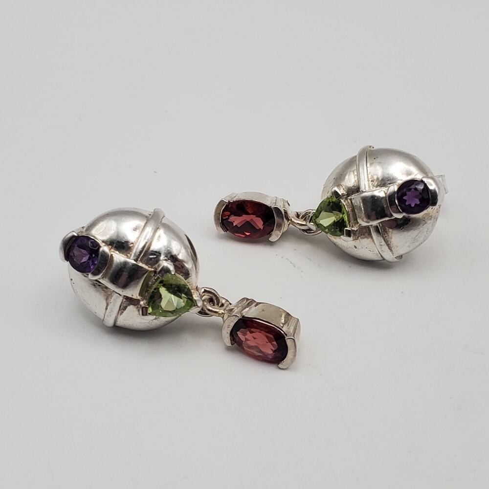 Vintage 925 Sterling Silver Multistone Post Earrings Amethyst Peridot Garnet - Picture 2 of 6